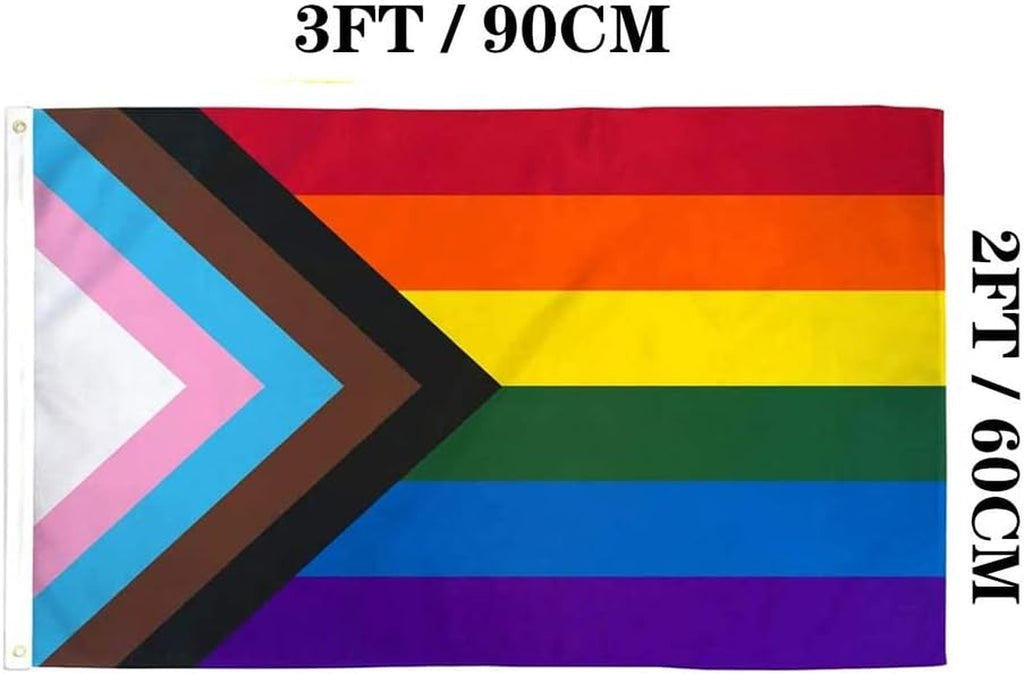 Double Sided Inclusive Progress Pride Rainbow Flag 2X3 Outdoor- Heavy Duty LGBTQ Rainbow Flags Banners with 2 Grommets