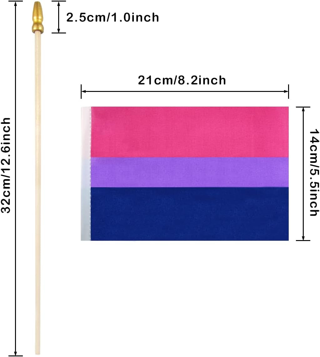 Bisexual Bi Pride Stick Flag Small Mini Hand Held LGBT Flags - Solid Wooden Pole and Spear Top,12 Pack, 5X8 Inches