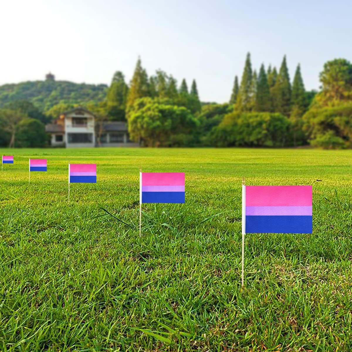 Bisexual Bi Pride Stick Flag Small Mini Hand Held LGBT Flags - Solid Wooden Pole and Spear Top,12 Pack, 5X8 Inches