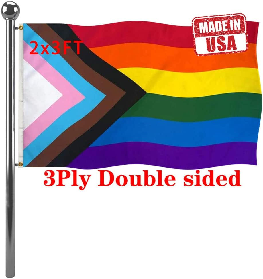 Double Sided Inclusive Progress Pride Rainbow Flag 2X3 Outdoor- Heavy Duty LGBTQ Rainbow Flags Banners with 2 Grommets