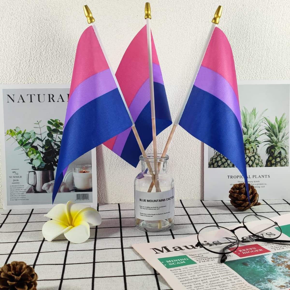 Bisexual Bi Pride Stick Flag Small Mini Hand Held LGBT Flags - Solid Wooden Pole and Spear Top,12 Pack, 5X8 Inches