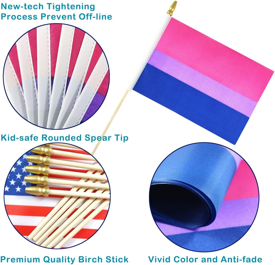 Bisexual Bi Pride Stick Flag Small Mini Hand Held LGBT Flags - Solid Wooden Pole and Spear Top,12 Pack, 5X8 Inches