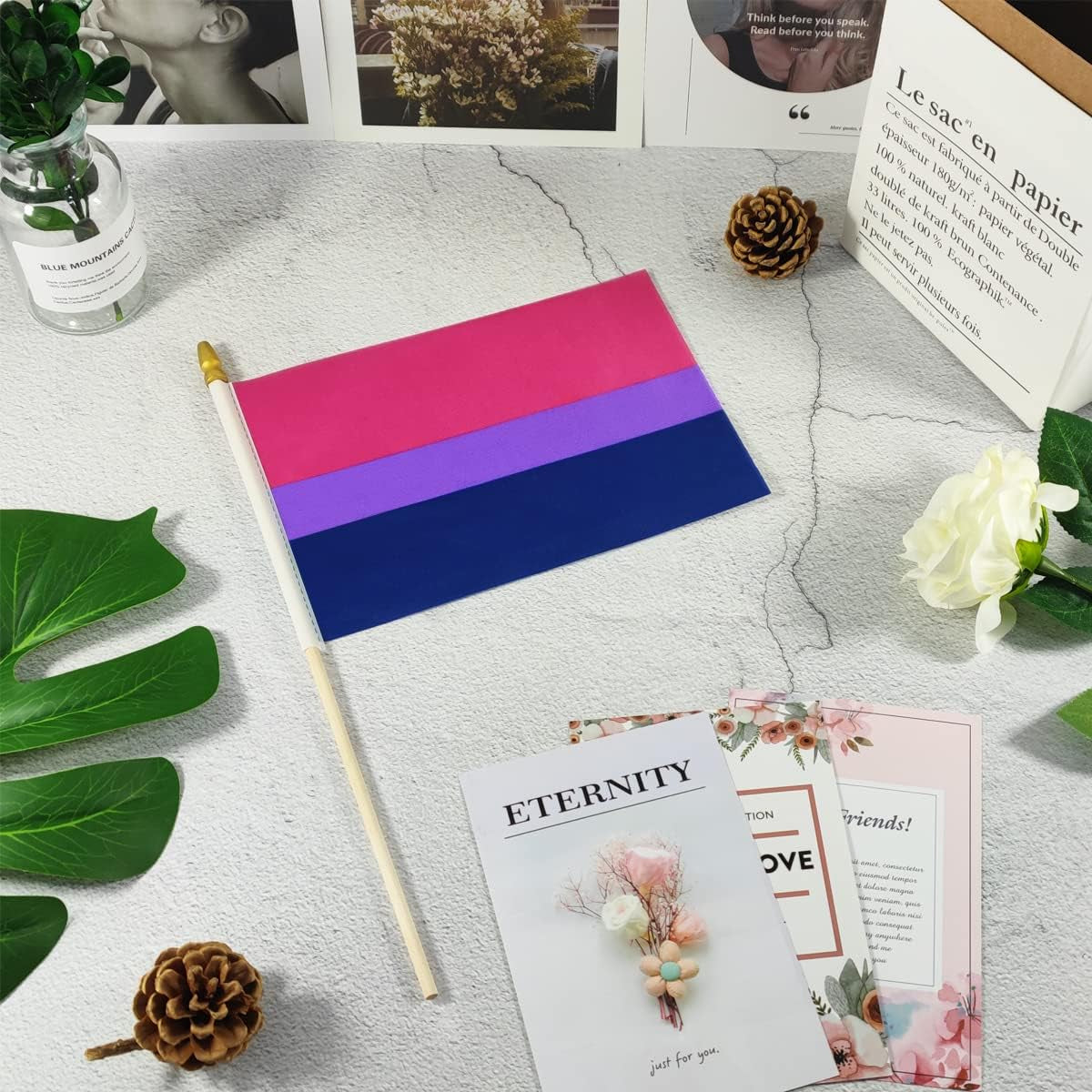 Bisexual Bi Pride Stick Flag Small Mini Hand Held LGBT Flags - Solid Wooden Pole and Spear Top,12 Pack, 5X8 Inches