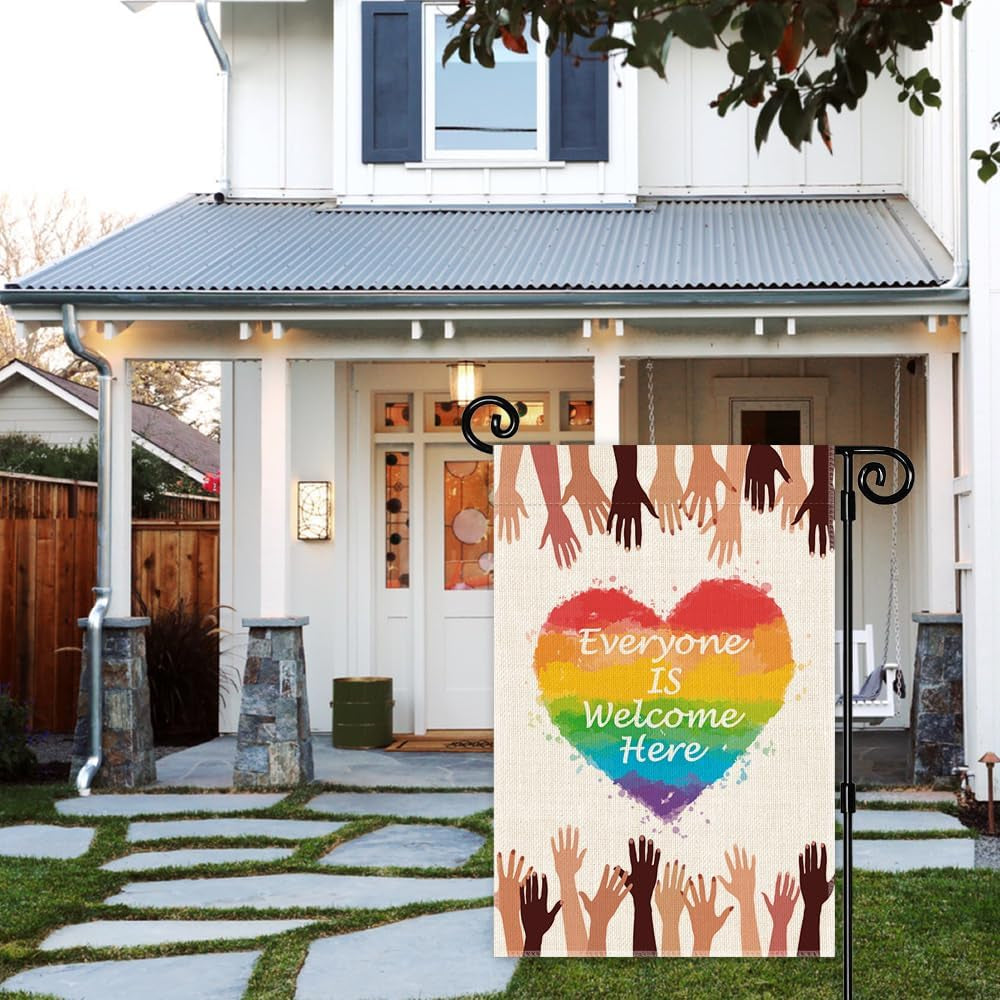 Everyone Is Welcome Here Garden Flag, Rainbow Pride Month Yard Sign