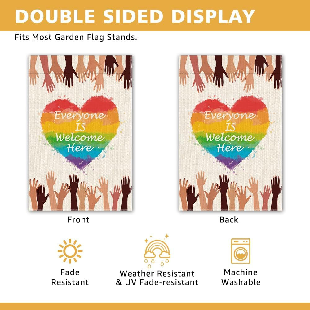Everyone Is Welcome Here Garden Flag, Rainbow Pride Month Yard Sign