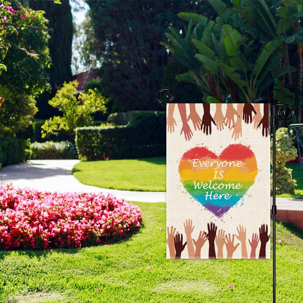 Everyone Is Welcome Here Garden Flag, Rainbow Pride Month Yard Sign