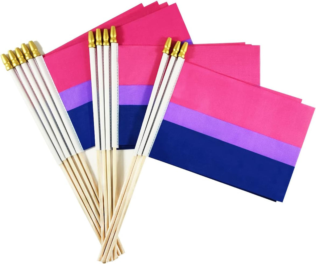 Bisexual Bi Pride Stick Flag Small Mini Hand Held LGBT Flags - Solid Wooden Pole and Spear Top,12 Pack, 5X8 Inches